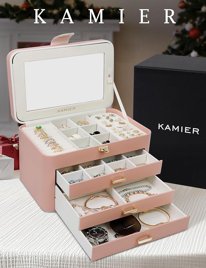 KAMIER Jewelry Organizer Box for Women - 4 Layer Drawer Jewellery Storage with Lock and Mirror - Jewelry Case for Necklaces Rings Bracelets Earring Holder Organizers (Pink)