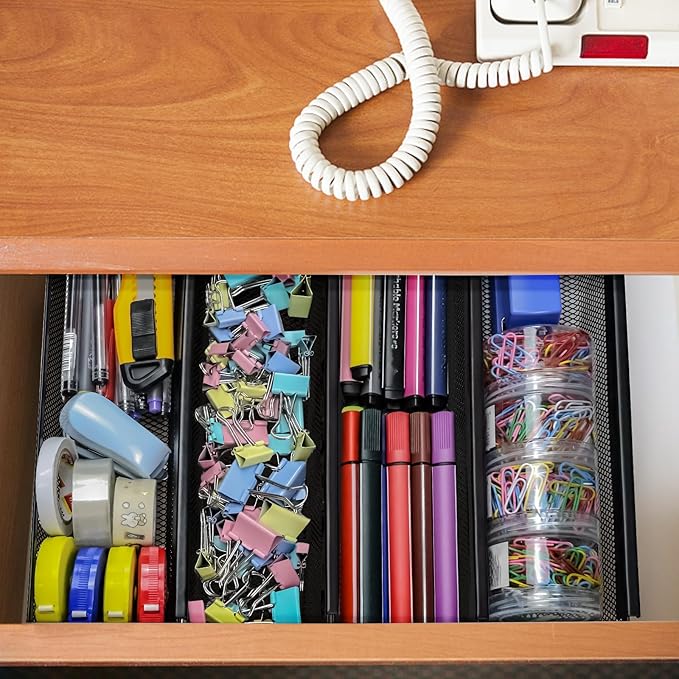 4PCS Drawer Organizer, Mesh Drawer Organizer with Interlocking Arm for Utensil, Cosmetic, Flatware, Pen (9 * 3 * 2 Inches, Black)