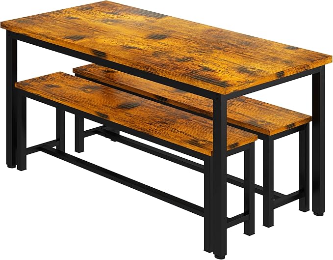 Lamerge Kitchen Table Set with 2 Benches 4 Person Dining Room Table Set for Home Kitchen, Dining Room, Restaurant, Space Saving, 47.2inch Table and 41.3inch Bench, Industrial Brown,CZ-01