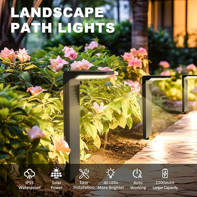 Solar Pathway Lights, 2 Pack LED Solar Lights Outdoor Waterproof, Bright Landscape Path Lights for Yard Patio Driveway Walkway Decorative with Warm and Cool White Light