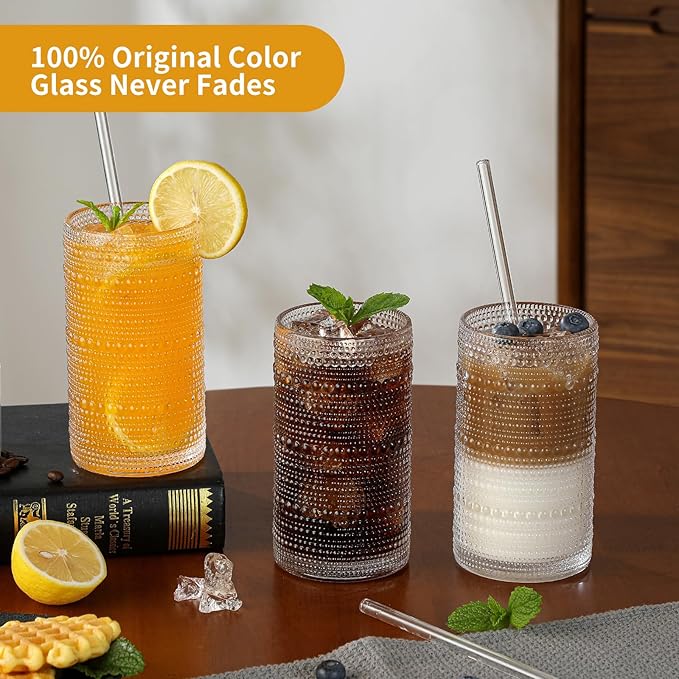 AkutaaVintage Hobnail Drinking Glasses Set of 6, 16 oz Large Capacity Embossed ClearTumblers, Highball Glasses for Water, Cocktail, Beer, Whiskey, Kitchen & Bar Use