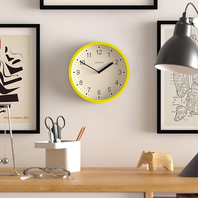 JONES CLOCKS® Spin Wall Clock | Small Modern Round Clock | 8inch | Yellow | Easy to Read Numbers | Ideal for Kitchen, Office, Children’s Room or Any Small Space