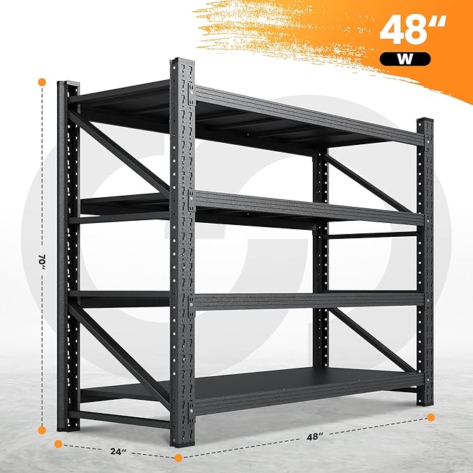 3000LBS Metal Storage Shelves, 48” W Heavy Duty Garage Shelving Units, 4 Tier Storage rack shelf, Steel Industrial Shelving , Adjustable Standing Shelf for Basement/Warehouse 48"W x 24"D x 70"H, Black