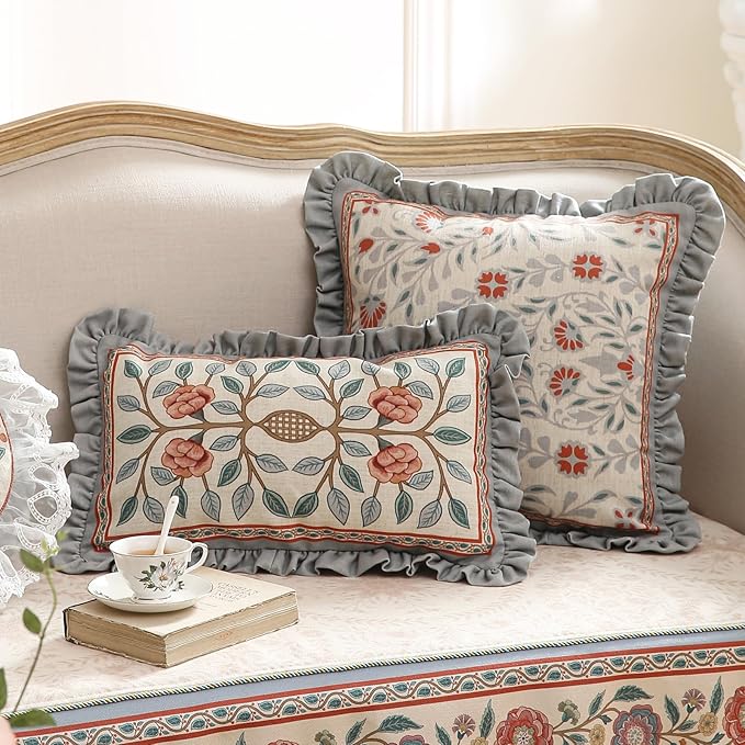 Orange Throw Pillow Covers Set of 4,Cottage Rustic with Blooming Floral Pattern Linen Pillowcases,Decorative Round Square Lumbar Pillows Cushion Covers for Couch Sofa Bed Chair Car