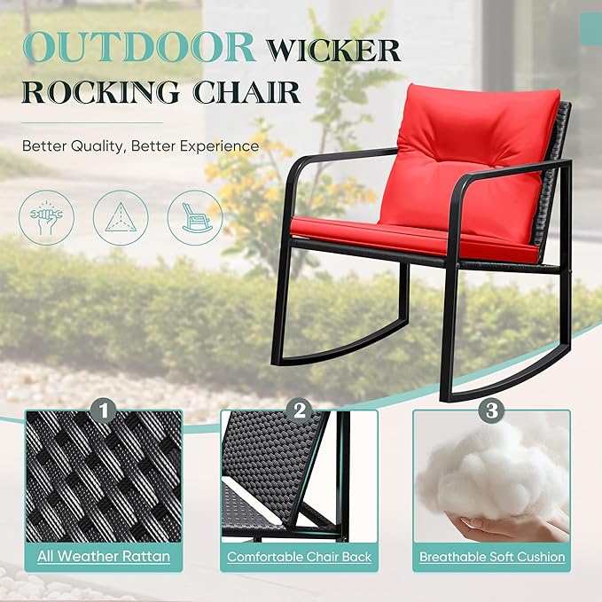 Greesum 3 Pieces Rocking Wicker Bistro Set, Patio Outdoor Furniture Conversation Sets with Porch Chairs and Glass Coffee Table, Red