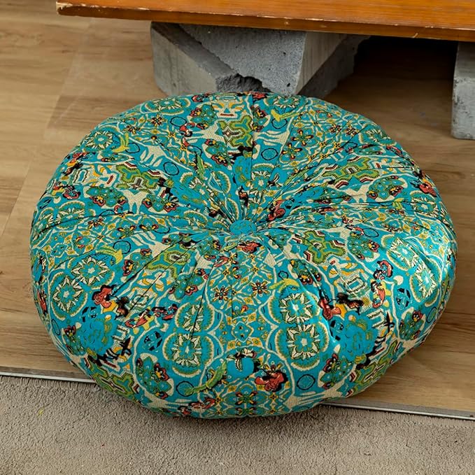 vctops Boho Cotton Linen Round Chair Seat Cushions for Dining Kitchen Office Chairs Patio Super Soft Printed Chair Pads Floor Pillow (Blue,22"x22")