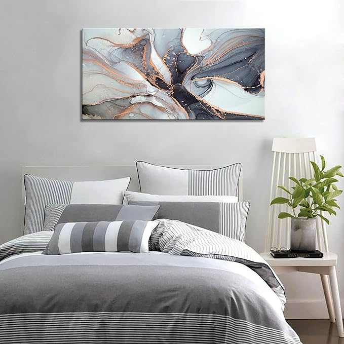 XXMWallArt FC3462 Framed Wall Art Gray and Gold Abstract Painting Background Abstract Canvas Wall Art Print Painting for Bedroom Living Room Office Wall Decor Home Decor