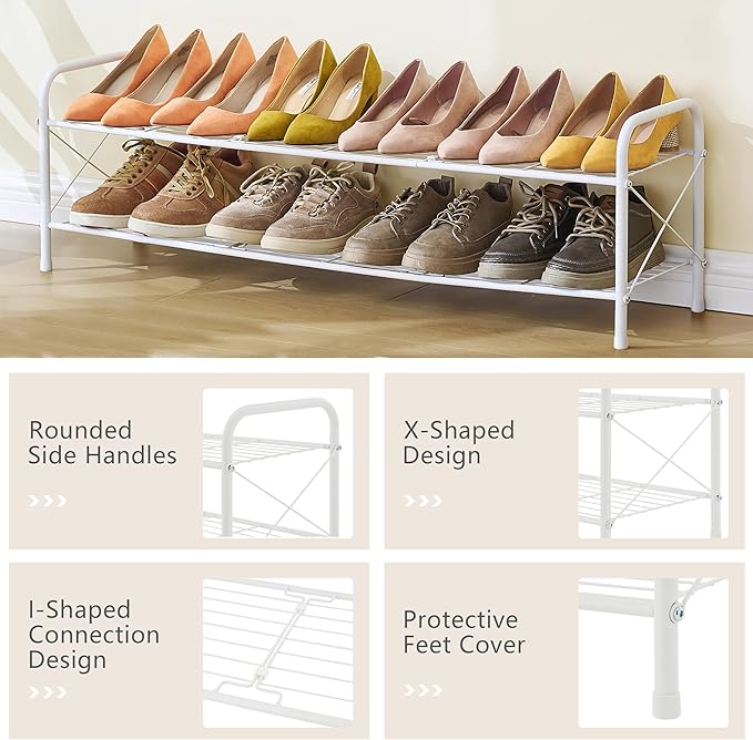 Hoctieon 2 Tier Shoe Rack for Closet, Durable Mesh Style Shoe Rack, Entryway Shoe Shelf, Shoe Storage Organizer for Hallway, Bedroom, Living Room, Wardrobe, White