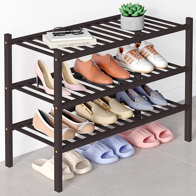 Smiry Bamboo Shoe Rack for Closet, 3 Tier Wooden Stackable Shoe Organizer, Free Standing Shoes Storage Shelf for Entryway, Front Door Entrance, Brown