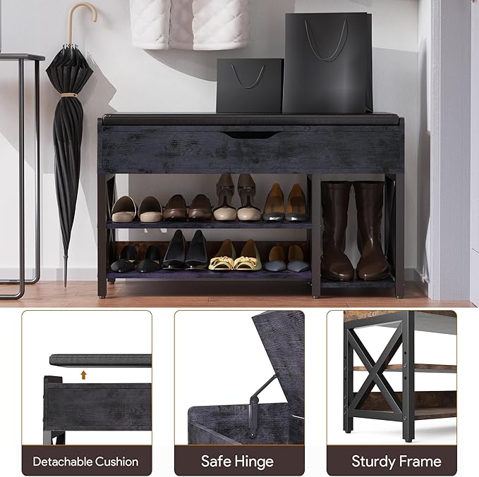 Shoe Bench, Lift Top Shoe Storage Bench, Adjustable Shelf Entryway Bench with Padded Cushion for Entry, Closet, Living Room, Hallway, 2-Tier Shoe Rack Organizer(Black, 39.5“W)