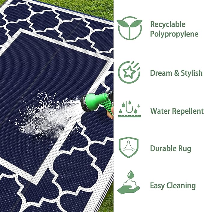 GENIMO 3' x 5' Outdoor Rug Waterproof for Patio Decor, Foldable Reversible Plastic Straw Area Rugs Mat for Camper, Outside Carpet for Rv, Deck, Porch, Picnic, Beach, Balcony, Blue & White