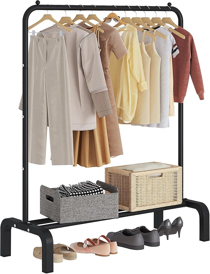 JIUYOTREE Standard Clothes Clothing Garment Rack with Storage Shelves Clothes Organizer for Hanging Clothes Coat Jacket Shirt Sweater Jeans Black