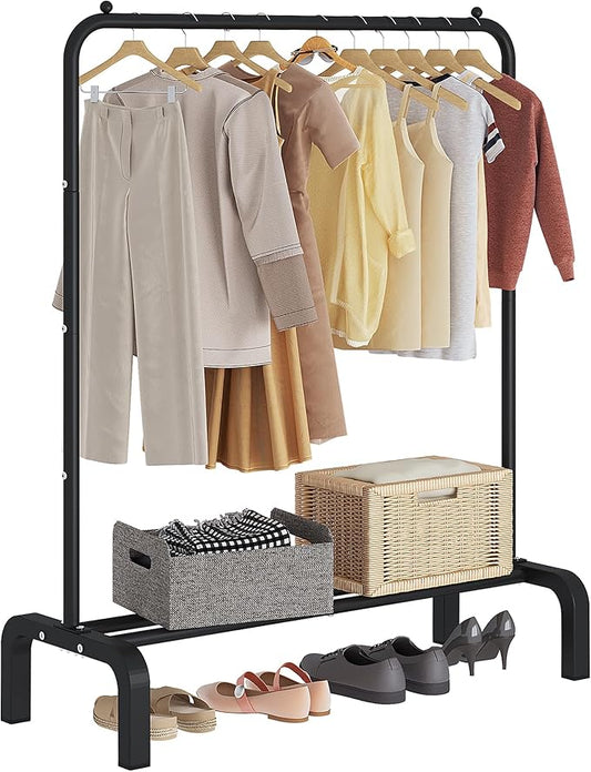 JIUYOTREE Standard Clothes Clothing Garment Rack with Storage Shelves Clothes Organizer for Hanging Clothes Coat Jacket Shirt Sweater Jeans Black