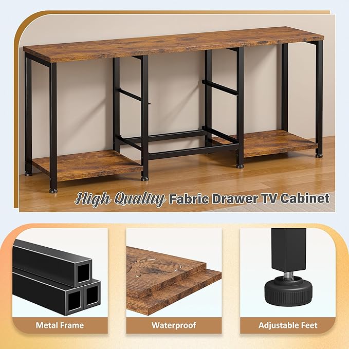 LED TV Stand Dresser for TVs up to 55 Inch, Entertainment Center with 2 Fabric Drawers and 2 Open Storage Shelves, Coffee Table Television Stands for Living Room, Bedroom, Wood Top, Rustic Brown