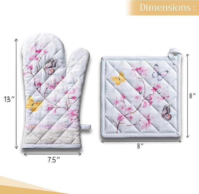 Maison d' Hermine 100% Cotton Oven Mitt & Pot Holder Set (7.5"x13" & 8"x8") Heat Resistant BBQ Cooking Gloves with Loop, Baking, Grilling, Kitchen, Handling Hot Pans Spring/Summer (Blossoms In Spring)