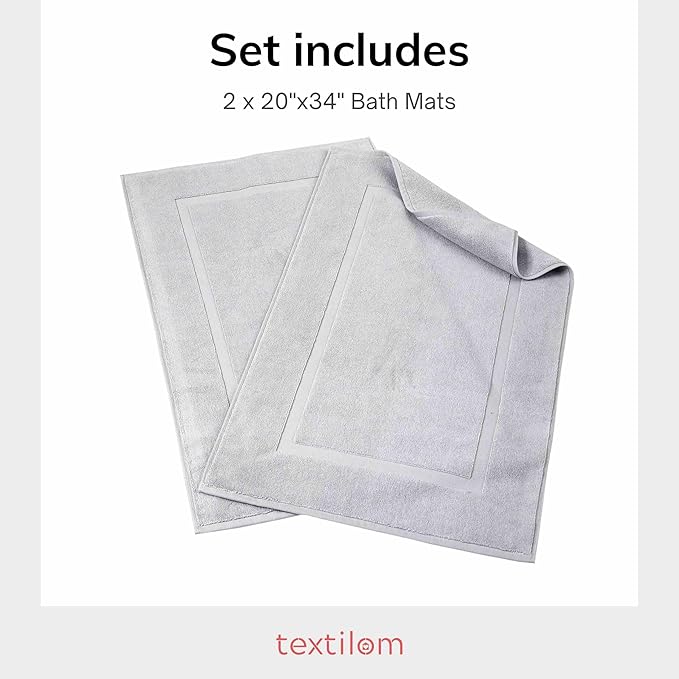TEXTILOM Luxury 2 Pack Banded Cotton Bath Mats for Bathroom Floor [ Hotel, Spa, Tub, Shower Bath Mat Floor Towel Set ], Machine Washable & Soft & Absorbent & Quick Dry (20''x34'')- Light Grey