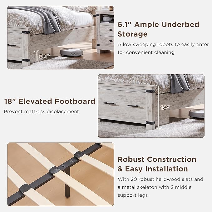 T4TREAM Farmhouse Queen Size Bed Frame with 54" Tall Geometric Headboard & 2 Large Storage Drawers, Rustic Wood Platform Bed with Wood Slats Support, No Box Spring Needed, Antique Brushed White