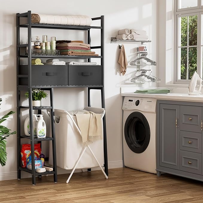 Homykic Over The Toilet Storage with 2 Drawers, Bamboo Above Toilet Shelf Organizer, Bathroom Tower Rack with Toilet Paper Holder Stand, Space Saver, Mass Storage, No Rust, Black