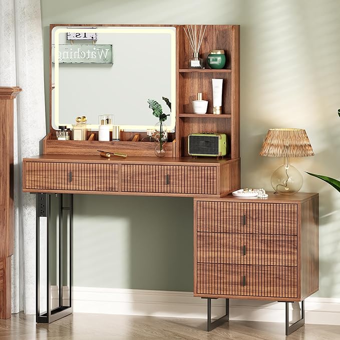 Large Vanity Desk with 3 Color Touch Screen Dimming Mirror, Vanity Desk with Charging Station, Modern Retractable Makeup Dressing Table, Makeup Table With storage shelves and 5 Sliding Drawers, Walnut