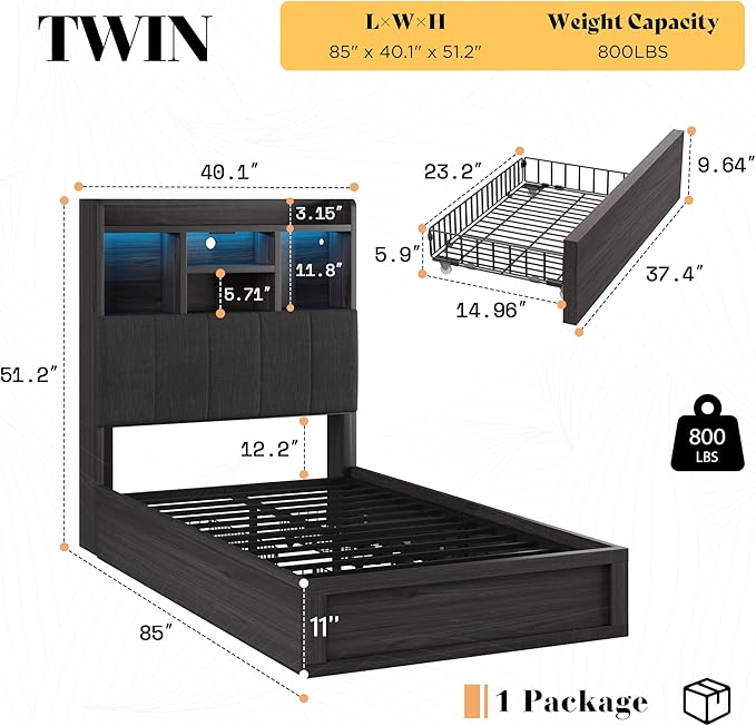 Twin Farmhouse Bed Frame with Bookcase Headboard and 4 Drawers, LED Storage Bed with Charging Station & Linen Upholstered, No Box Spring Needed, Black