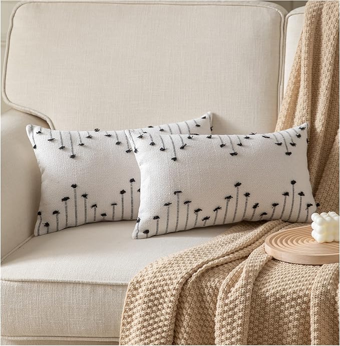 Boho Throw Pillow Covers 12x20 Set of 2 Decorative Pillows for Bed, Neutral Pillow Covers Beige with Black Line Throw Pillows for Modern Farmhouse Couch Sofa Living Room Outdoor