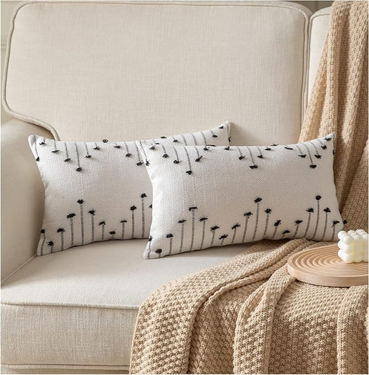 Boho Throw Pillow Covers 12x20 Set of 2 Decorative Pillows for Bed, Neutral Pillow Covers Beige with Black Line Throw Pillows for Modern Farmhouse Couch Sofa Living Room Outdoor