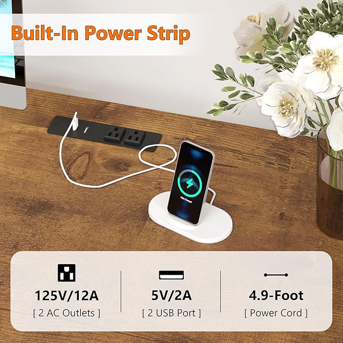 50 Inch Computer Desk with 8 Drawers, Home Office Desk with Power Outlets, Work Study Gaming Desk with 8 Fabric Drawers, Rustic Brown