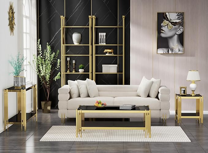 Goujxcy Modern Glass End Table Gold Sofa Side Table with Black Glass Top and Mirror Finish Stainless Steel Legs, Luxury Square Sofa Side Table Coffee Table Bedside Table for Living Room Bedroom (Gold)