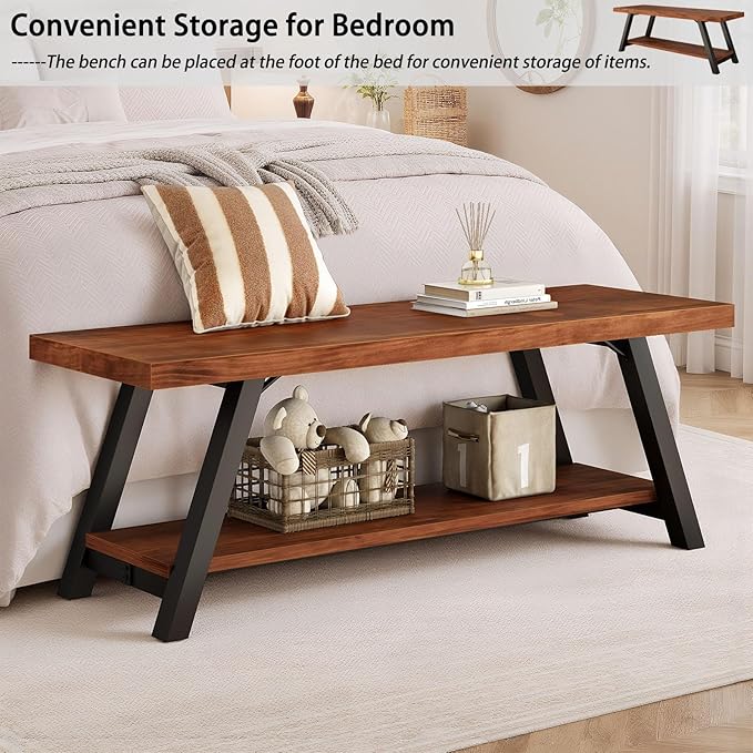 IBF Natural Real Wood Entryway Bench, Solid Wood Storage Bench, Industrial Bedroom Bench in Entry Way Hallway Foyer Rack, Modern Shoe Bench Seat for Living Bed Room Indoor, Rustic Brown, 47 Inch