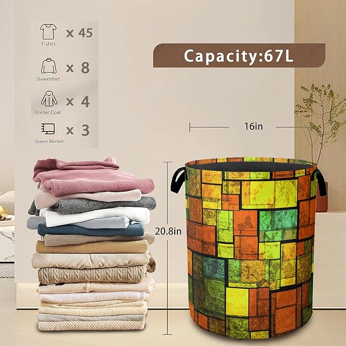 Laundry Basket,Colorful Stained Collapsible Laundry Baskets,Glass Wall Waterproof Oxford Hamper with Handles for Bathroom Bedroom Nursery Home Storage 16"x20"