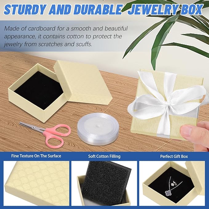 Glarks 17pcs Champagne Color 2.95 x 2.95in Jewelry Gift Boxes with Pink Scissors and White Polyester Ribbon Set, Diamond Pattern Necklace Earring Bracelet Boxes Gift Case Ideal