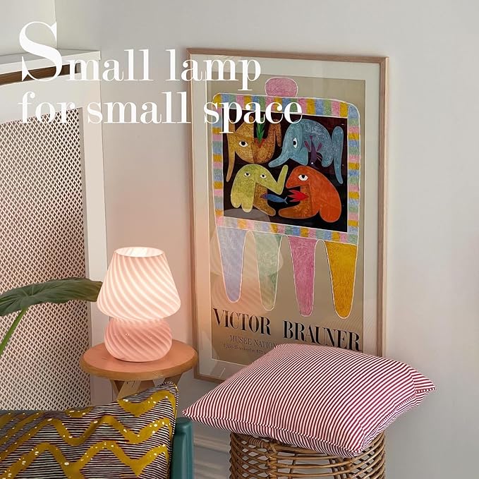 ONEWISH Mushroom Lamp-Small Bedside Table Lamp with Striped Glass, Nightstand Lamp for Bedroom, Living Room, Cafe, Bulb Included, Home Decor for Girls Women, Pink