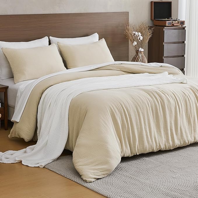 EMME Muslin Cotton Duvet Cover Set Twin Size Light Tan Linen Like Soft Breathable Lightweight Summer Comforter Cover Set with Zipper Closure (Light Tan, Twin, 68"x90")