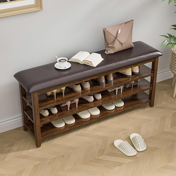 Wooden Shoe Bench Storage with Leather Cushion, Rustic Solid Wood Entryway Bench with 3-Tiers Height Adjustable, Shoe Rack Front Doors Entrances for Hallway Living Room,Mudrooms (Brown,47.2")