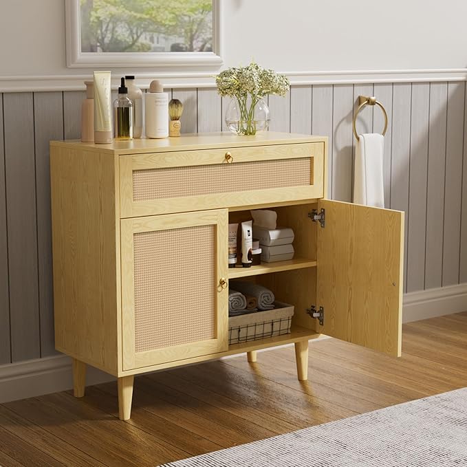 Storage Cabinet with Rattan Decor Doors & Drawer, Modern Bathroom Floor Storage Cabinet Organizer, Freestanding Cupboard for Kitchen/Living Room Use