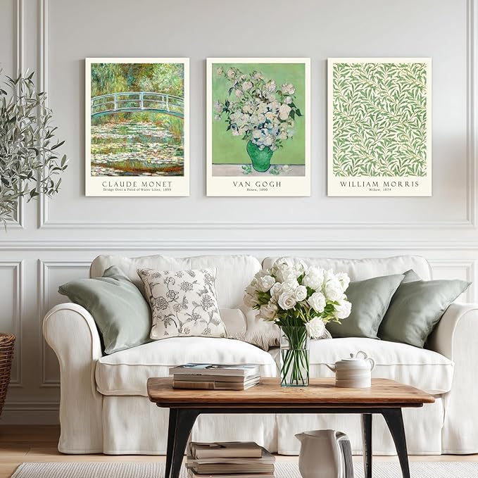 FASWQ Framed Monet Van Gogh William Morris Wall Art, Grass Botanical Wall Decor, Mid Century Impressionist Canvas Paintings, Modern Green Landscape Poster Print for Living Room Bedroom 12"x16"x3
