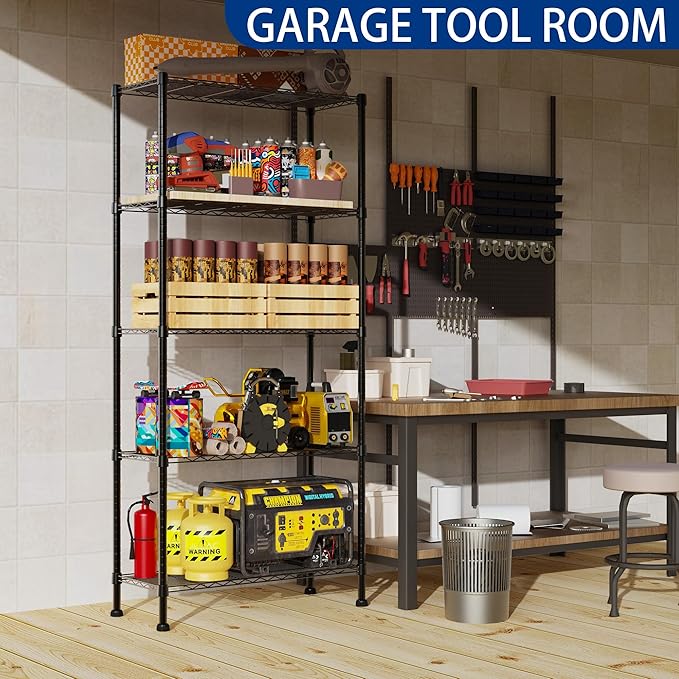 REGILLER 5-Wire Shelving Metal Storage Rack Adjustable Shelves,Standing Storage Shelf Units for Laundry Bathroom Kitchen Pantry Closet(Black,14.1" D x 30" W x 79" H)