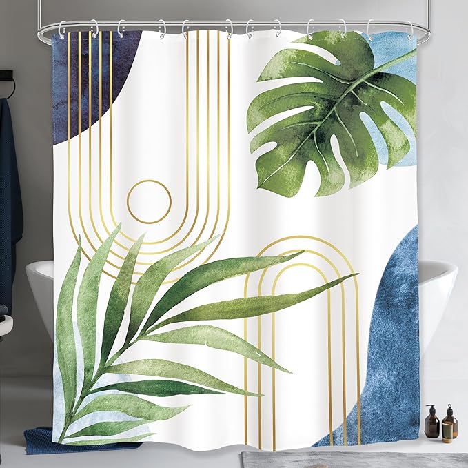 Glawry Boho Blue Green Shower Curtain Extra Long Abstract Mid Century Tropical Palm Leaf Modern Minimalist Plant Bathroom Geometric 72Wx78L Inches Bath Accessories Art Home Decor Fabric 12 Pack Hook