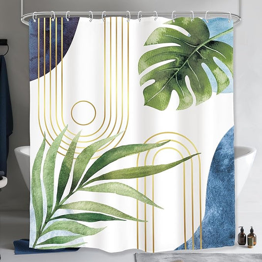 Glawry Boho Blue Green Shower Curtain Extra Long Abstract Mid Century Tropical Palm Leaf Modern Minimalist Plant Bathroom Geometric 72Wx78L Inches Bath Accessories Art Home Decor Fabric 12 Pack Hook