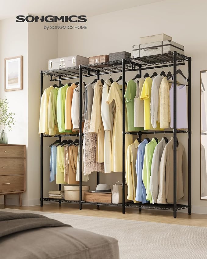 SONGMICS Clothing Rack, Heavy-Duty Garment Rack with Adjustable Storage Shelves and Hanging Rails, Hooks, Freestanding Portable Wardrobe Closet Rack, Ink Black ULGR436B01