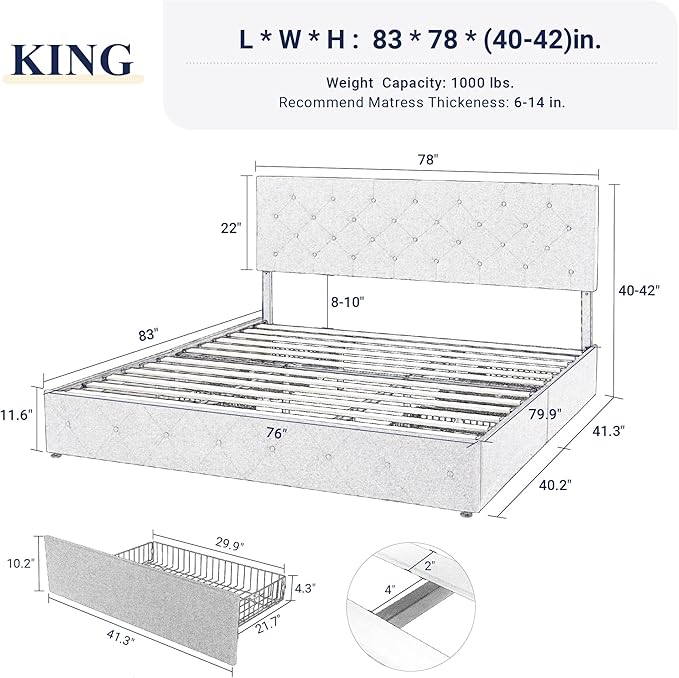 Allewie King Size Platform Bed Frame with 4 Storage Drawers and Headboard/Upholstered Diamond Stitched Button Tufted/Wooden Slats Support/Mattress Foundation/No Box Spring Needed/White