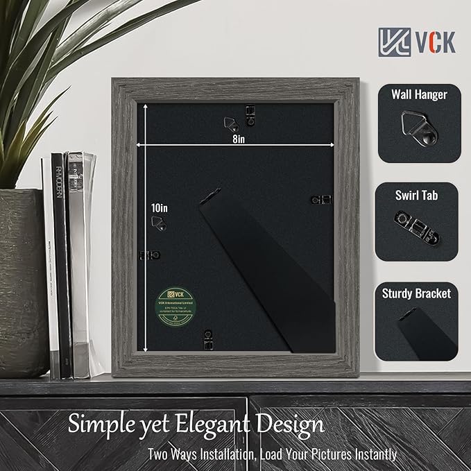 VCK 8x10 Picture Frame Set of 4 - Grey, Gallery-Quality Wood Poster Frames, 1.1-Inch Wide Border, Polished Plexiglass, Vertical or Horizontal Wall & Tabletop Display for Photo/Art/Prints, Grey