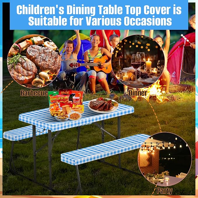 33" L x 20" W x 3" H Bule Grid Picnic Table Cover for Kids, Fitted Tablecloth for Outdoors Oxford Cloth Waterproof Cloth for Camping Home Goods Indoor Outdoor Patio BBQ
