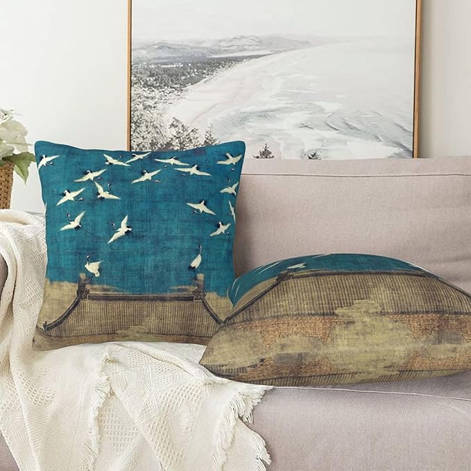 Blue Vintage Chinoiserie Bird Throw Pillow Covers 18x18 Inch Set of 2 Farmhouse Rustic Pillow Case Antique Country Home Decor Cushion Cover of Sofa Living Room Bedroom