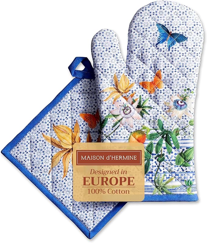 Maison d' Hermine 100% Cotton Oven Mitt & Pot Holder Set (7.5"x13" & 8"x8") Heat Resistant BBQ Cooking Gloves with Loop, Baking, Grilling, Kitchen, Handling Hot Pans Spring/Summer (Passiflora)