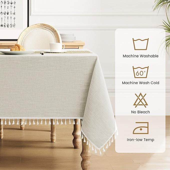 puredown® Rustic Rectangle Tablecloth, Waterproof Cotton Linen Tablecloth with Tassel, Wrinkle Free Farmhouse Table Cloths for Kitchen Dining Outdoor, 55"x86",6-8 Seats, Coffee