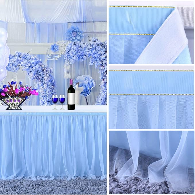 Baby Blue Table Skirt for Baby Shower Boy 6ft Light Blue Tulle Tutu Table Cloth for Elephant Birthday Party Ocean Baby Shark Gender Reveal Wedding Bridal Shower Cake Table Decorations