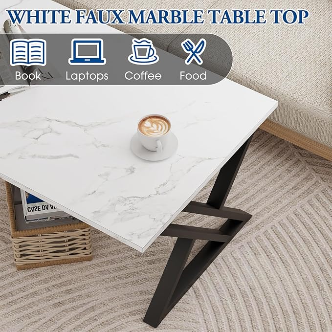 Coffee Table White Living Room Center Table, Simple Modern Faux Marble Rectangular Tea Table with Sturdy Black Metal Frame,Industrial Wooden Coffee Table for Bedroom Home Office