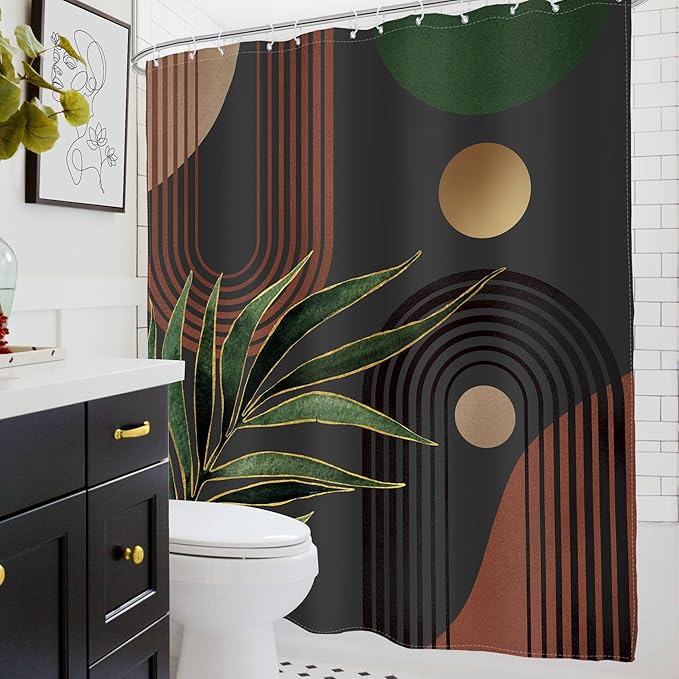 Glawry Dark Green Brown Boho Shower Curtain Abstract Mid Century Retro Tropical Leaves Modern Geometric Bathroom Minimalist Arch Sun 72Wx84L Inches Bath Accessories Art Home Decor Fabric 12 Pack Hooks