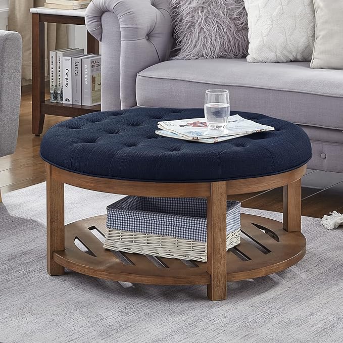24KF Large Round Upholstered Tufted Linen Ottoman Coffee Table, Large Footrest Ottoman with Wood Shelf Storage- Navy Blue